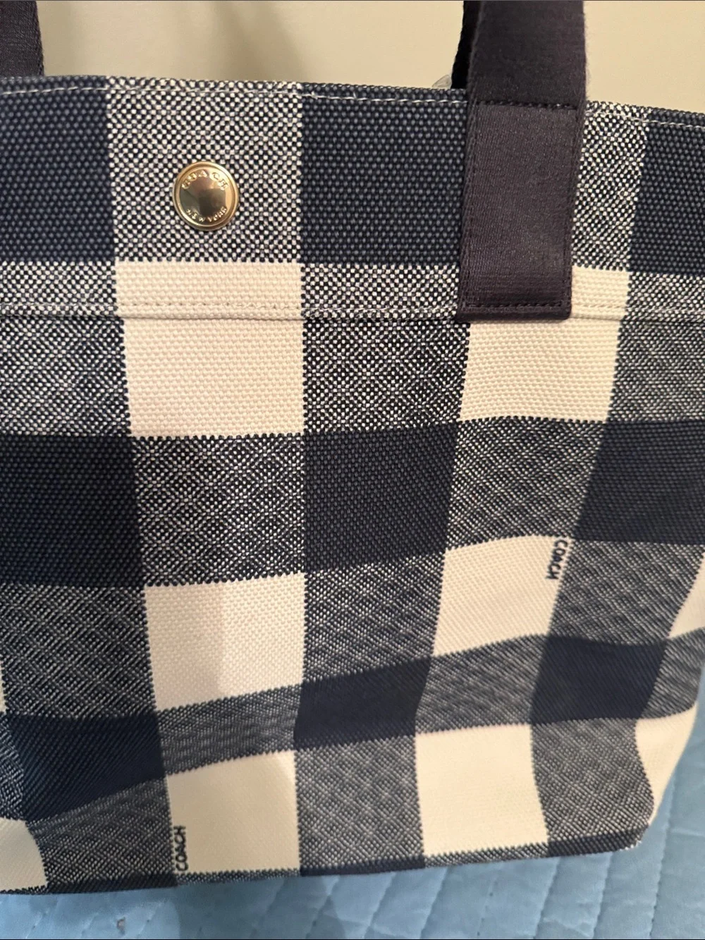 Coach Cream and Blue Buffalo Check Canvas Tote with Long Straps
